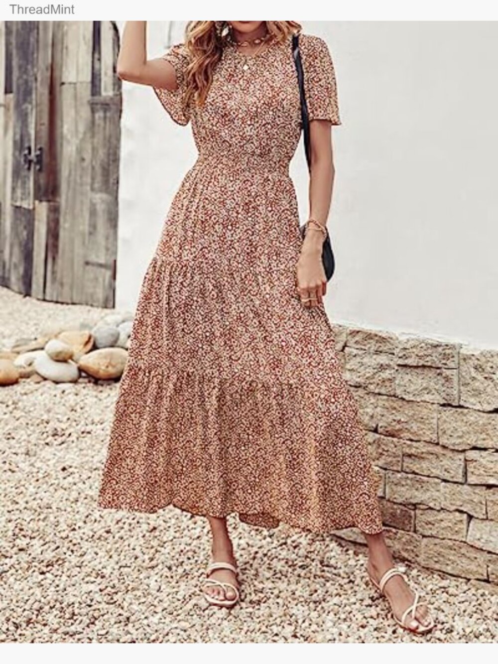 Summer Casual Flutter Sleeve Smocked Waist Tiered Maxi Dress Size S M L XL - Picture 2 of 7